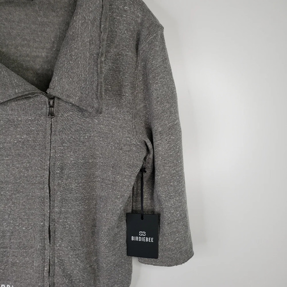 Birdiebee Gray Fleece Knit Front Zip Raw Hem Hi Lo Graphic Jacket Sz S. - Picture 2 of 8